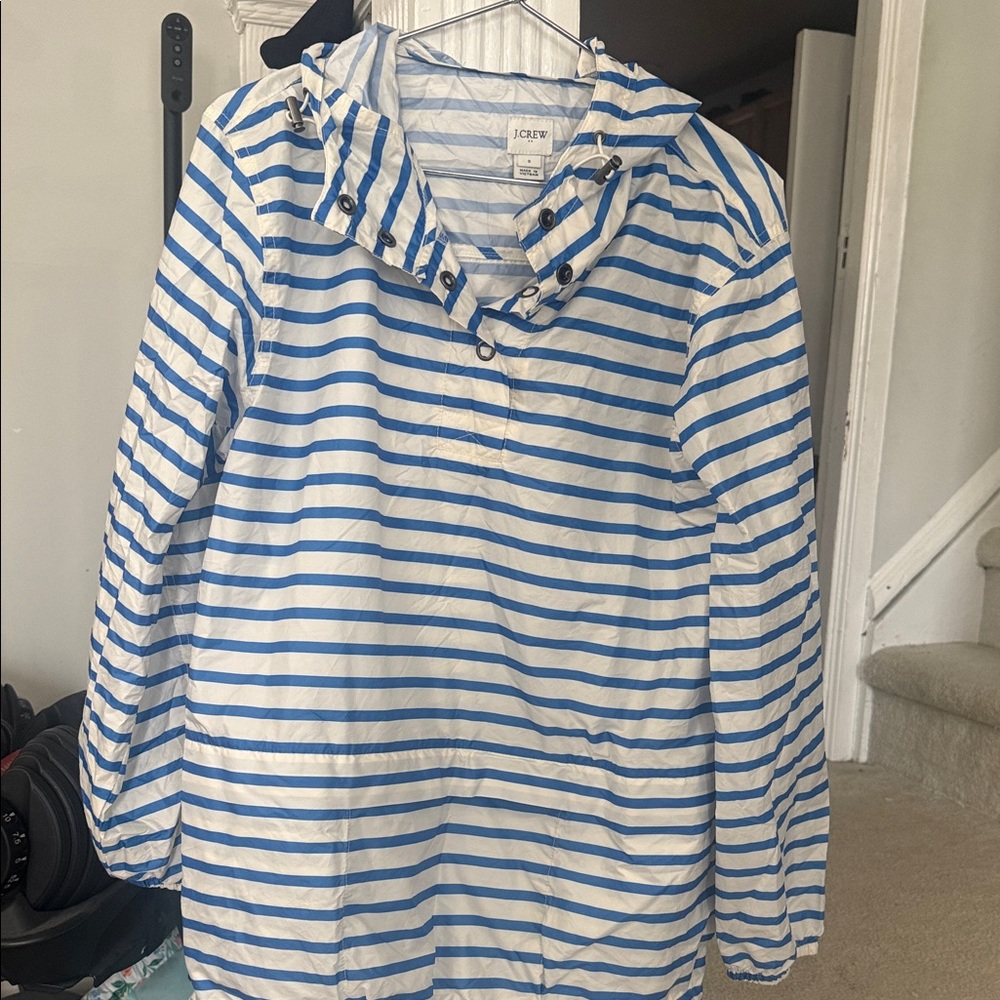 J. Crew Striped Hooded Rain Coat in Blue and White